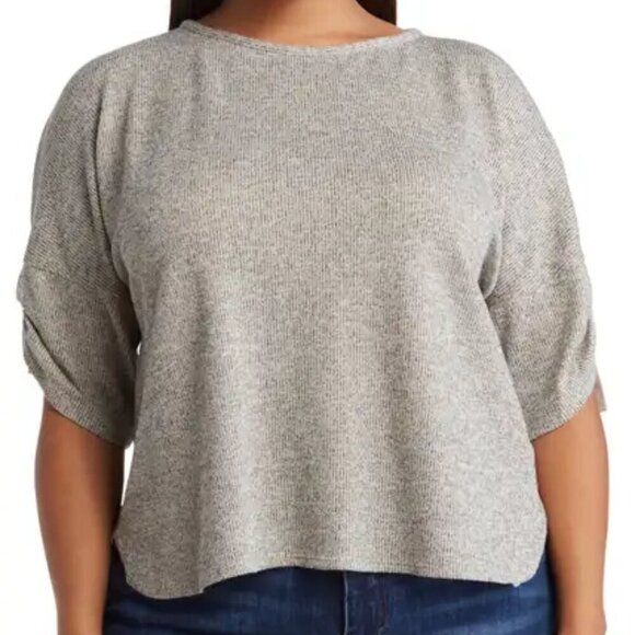 Max Studio Top Size 3X Oat Gray Ruched Sleeve Soft Ribbed Knit Comfy Blouse NWT - Picture 1 of 16